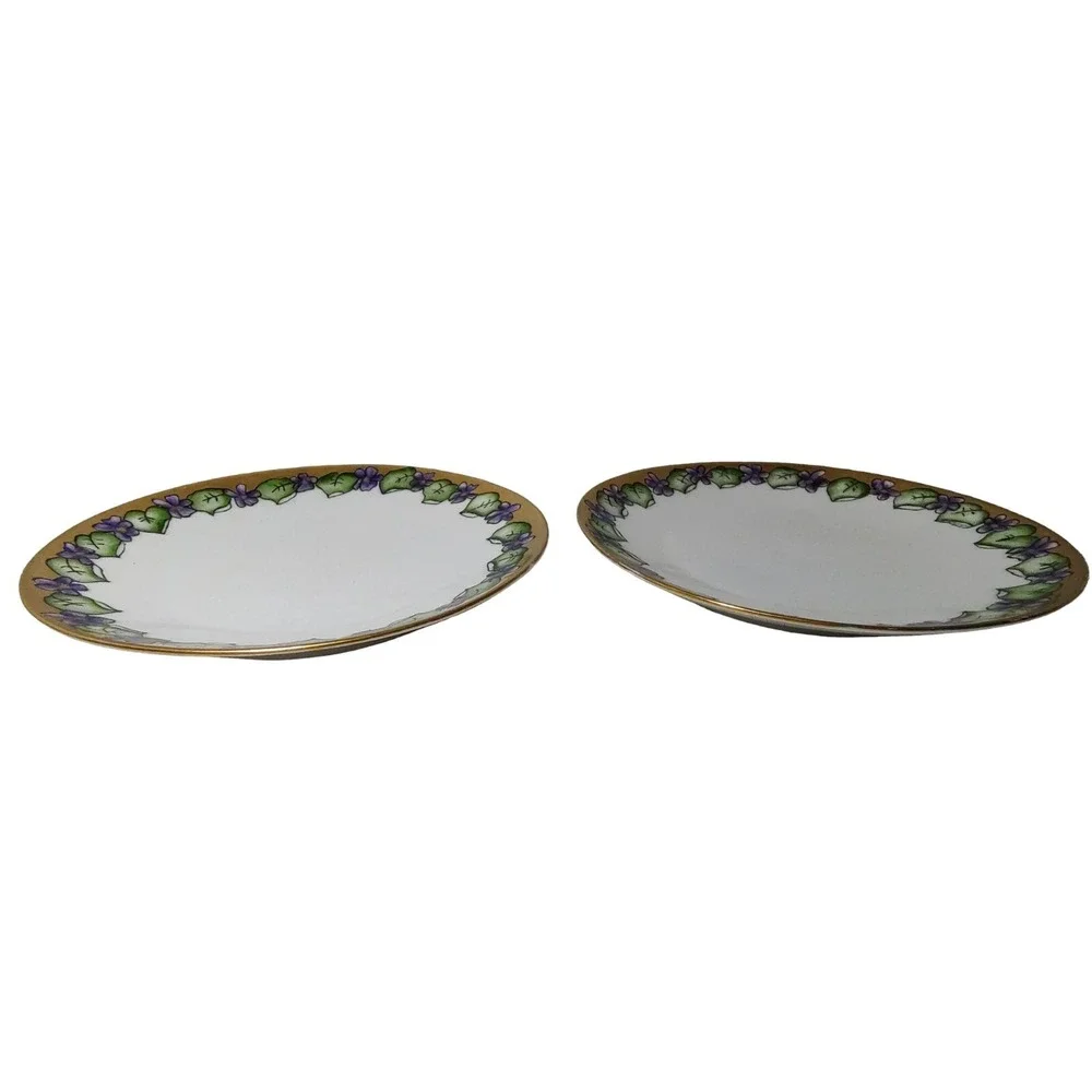 Antique PT Tirschenreuth‎ Dessert Plates Bavaria Violet Gold Trim Signed Set Two